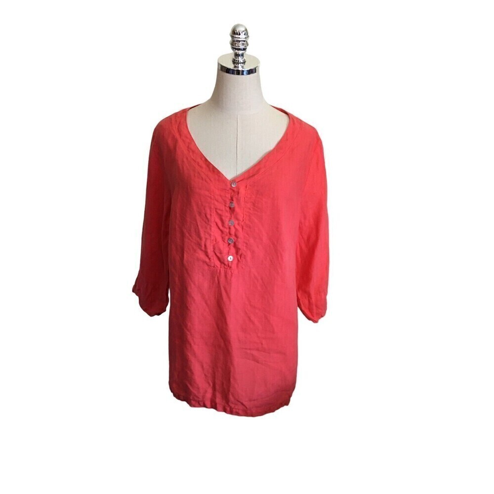 Russ Berens Top Women's Size Large 3/4 Sleeve Button Up V-Neck Linen Coral NEW